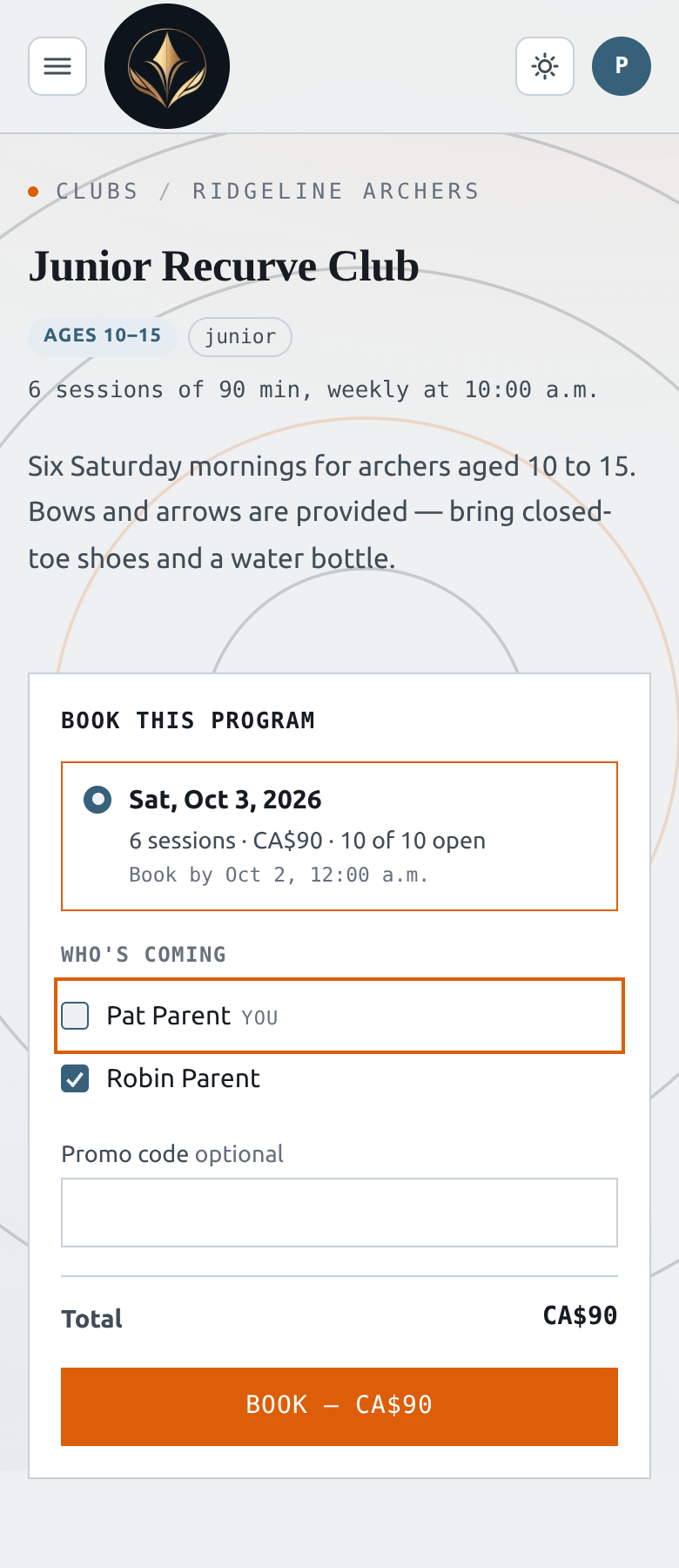 A program page with the booking panel: one start date selected, a child ticked under Who's coming, and a Book — CA$90 button