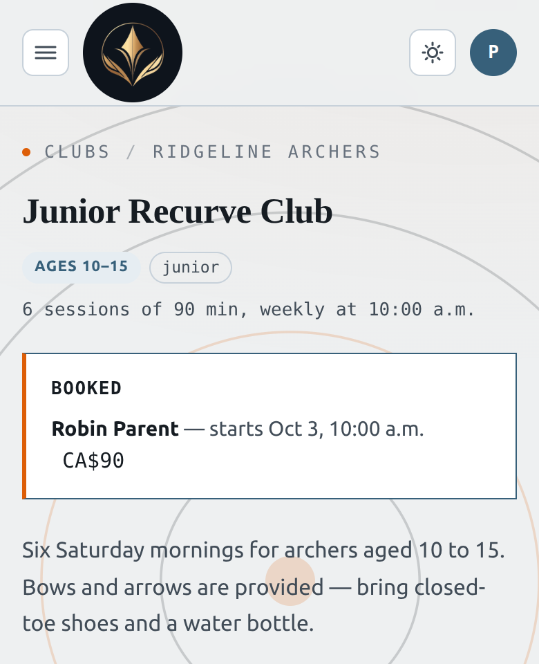 The program page after paying, with a Booked panel naming the child, the start date and the amount paid