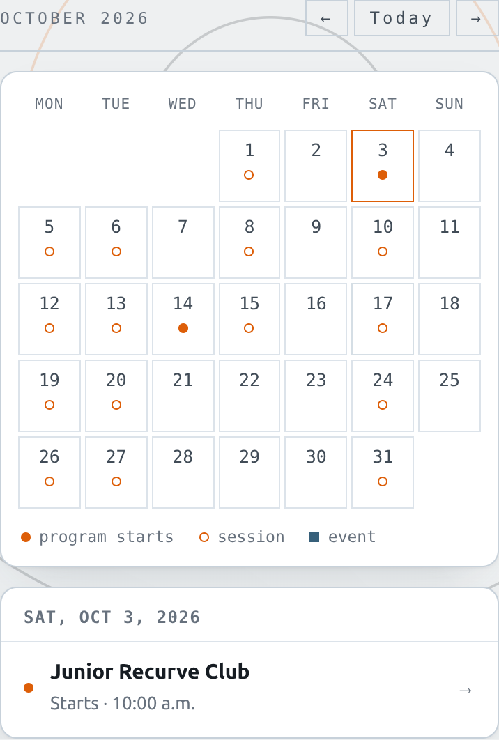 The club calendar for October 2026 with Saturday October 3 selected, showing Junior Recurve Club starting at 10:00 a.m.