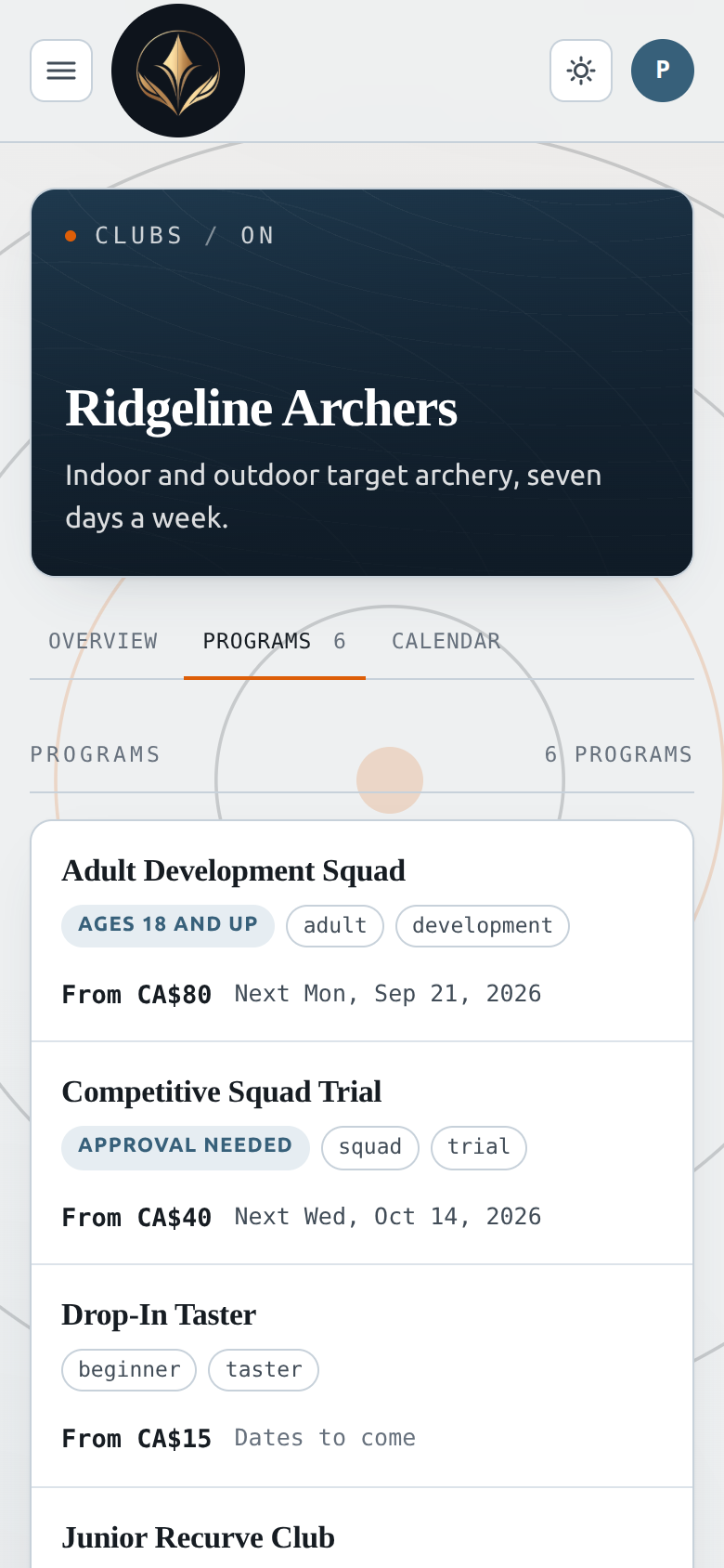 A club page with the Programs tab open, listing programs with their requirements, price and next date