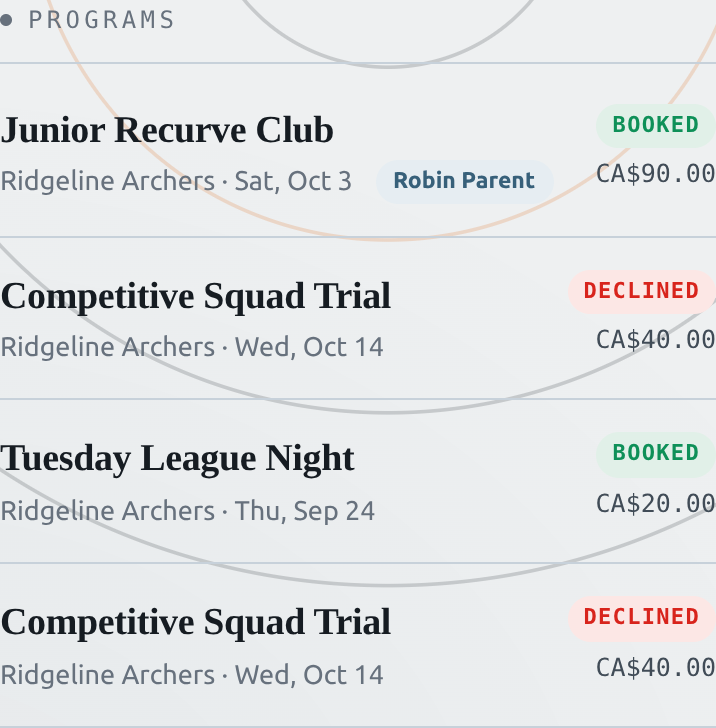 The Programs section of the dashboard listing bookings with Booked and Declined statuses