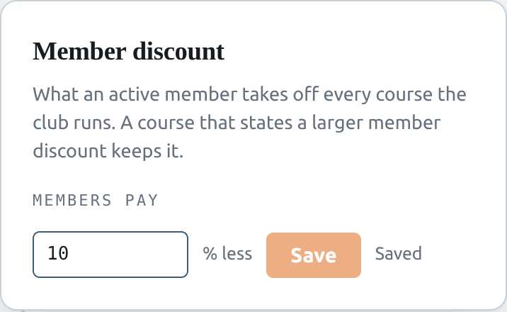 The Member discount panel set to 10 percent, showing Saved