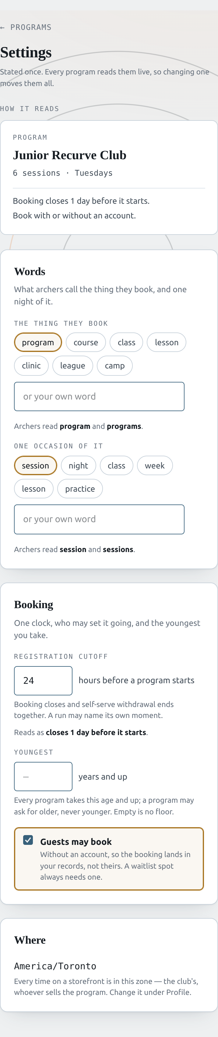 The program Settings page with the Words, Booking and Where panels