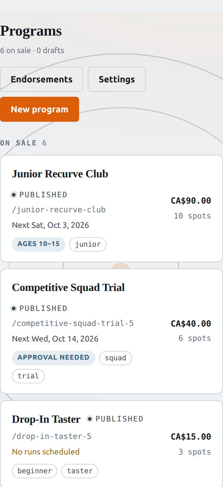 The Programs tab listing the club's programs, with Endorsements, Settings and New program buttons
