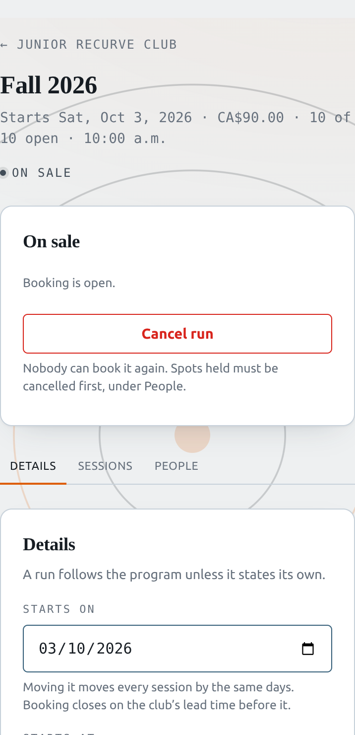 A run's page, marked On sale, with Booking is open and a Cancel run button