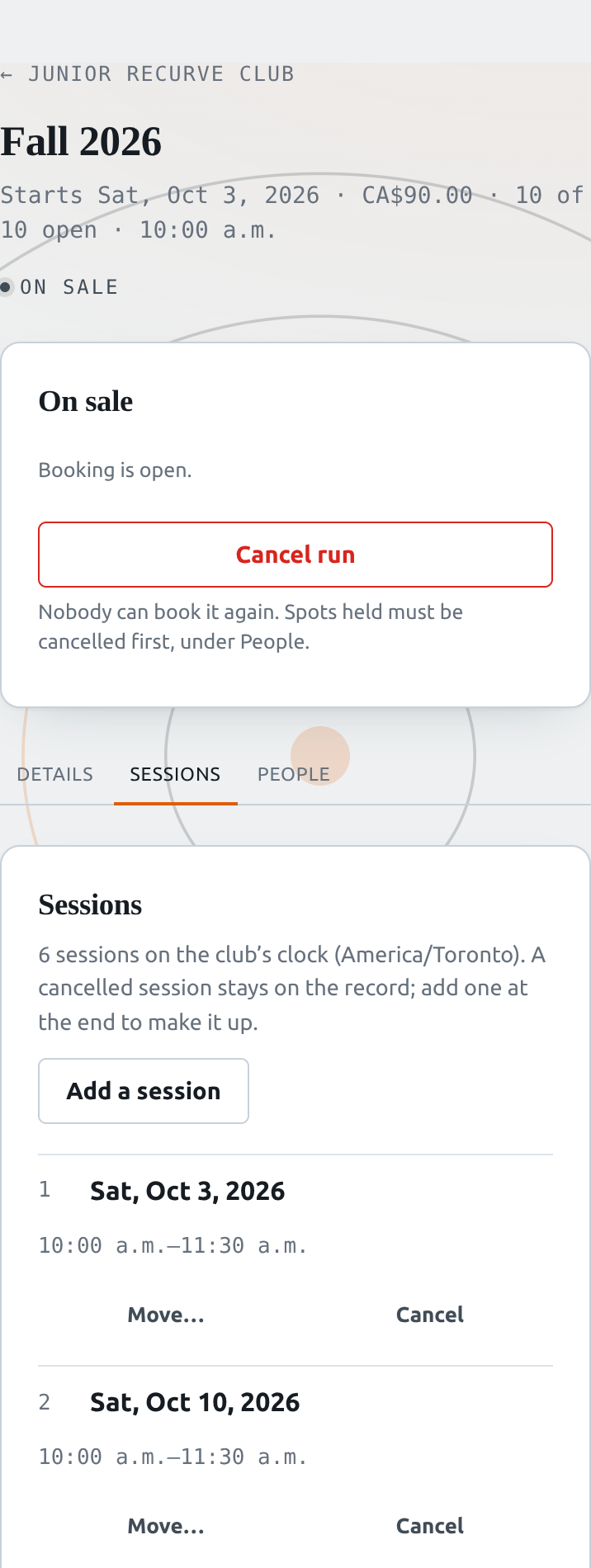 The Sessions tab listing six Saturday sessions, each with Move and Cancel