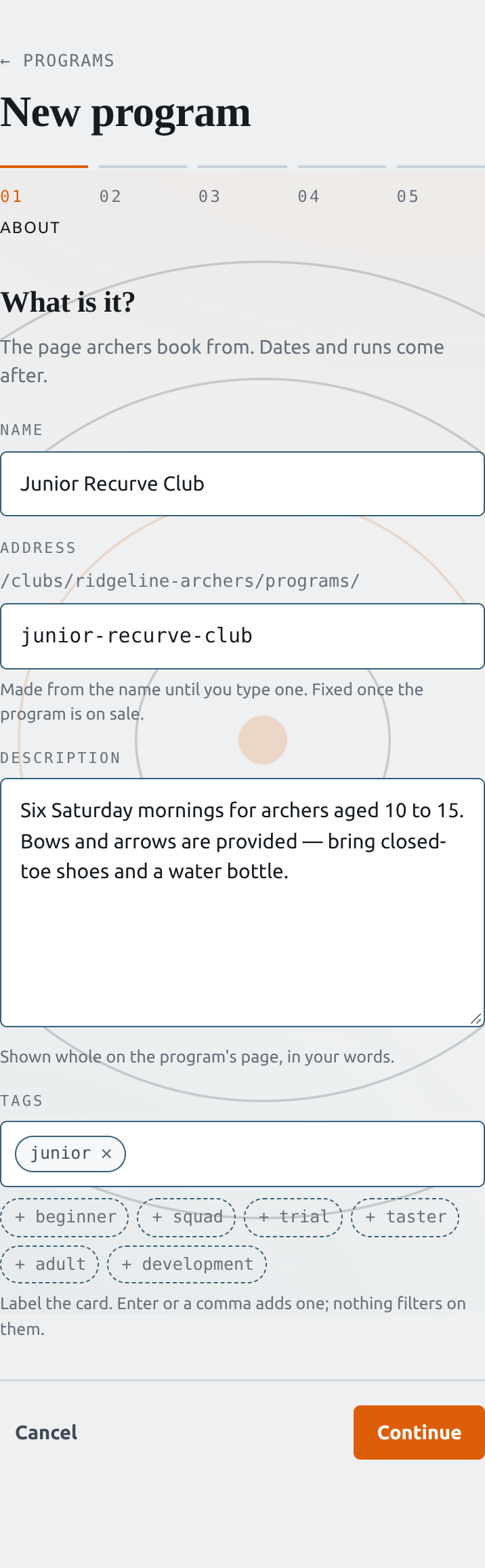 The About step of the New program wizard with name, address, description and tags filled in