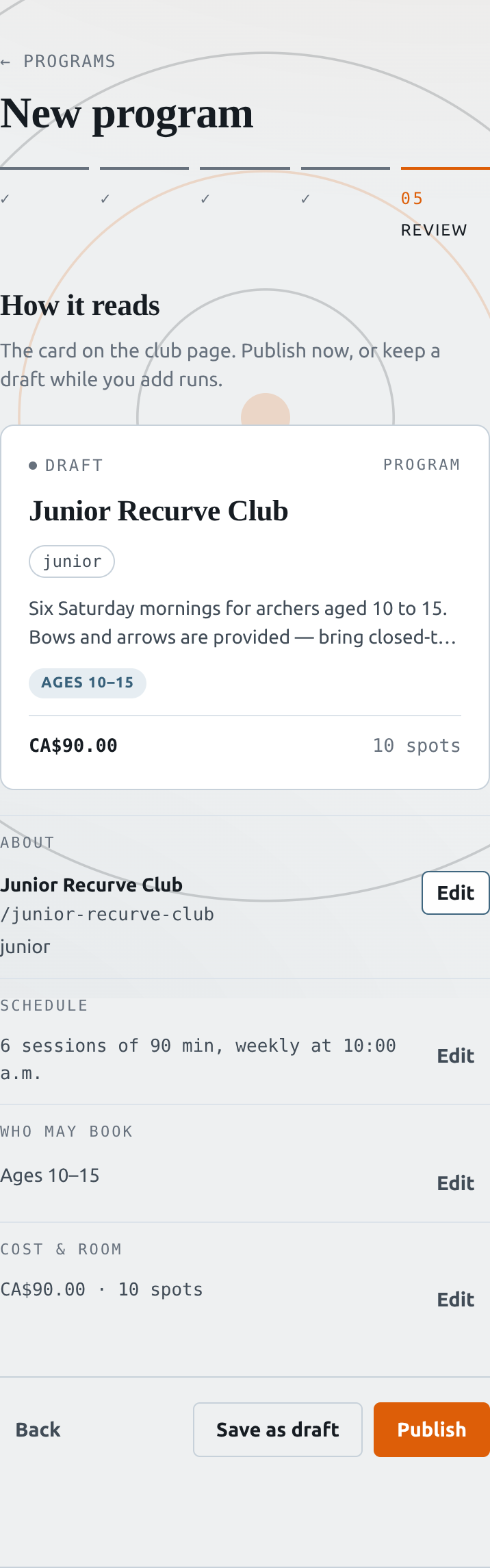 The Review step showing the program card preview, a summary of each step, and Save as draft and Publish buttons