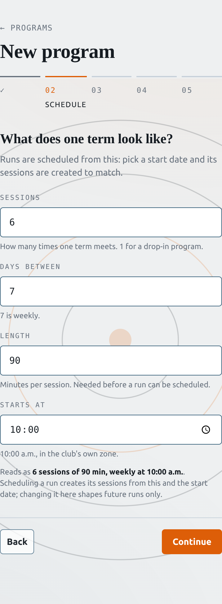 The Schedule step showing 6 sessions, 7 days between, 90 minutes long, starting at 10:00