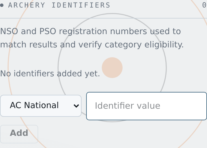 The Archery identifiers panel showing the type dropdown, the value field, and the Add button